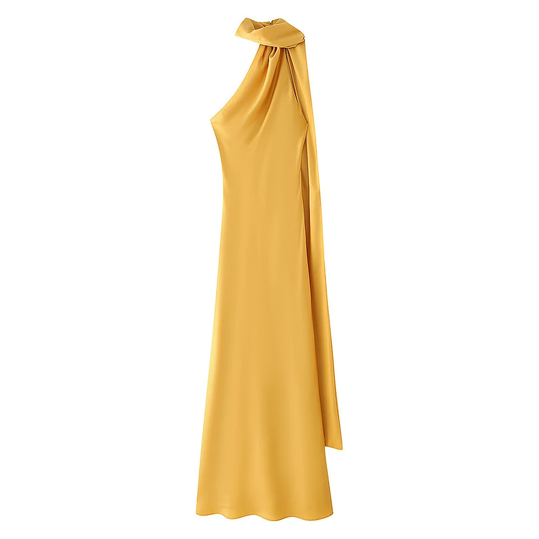 Nigikala Nigikala Homemade Niche New Women's Clothing In Spring And Summer Solid Color Hanging Neck Silk And Siding Texture Dress
