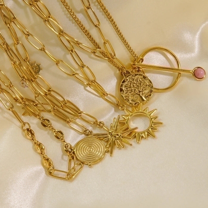 2 Pairs 304 Stainless Steel 14K Gold Plated Hip-Hop British Style Plating Inlay Sun Tree Dollar Natural Stone Pendant Necklace