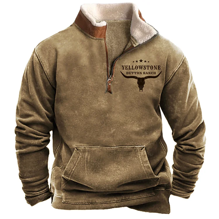 Men's Vintage Western Yellowstone Zipper Stand Collar Sweatshirt 2959