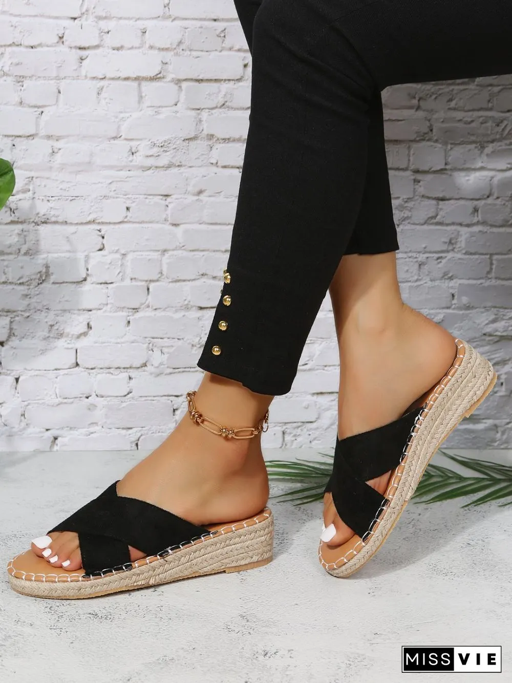 Faux Suede Cross Strap Straw Wedge Slides