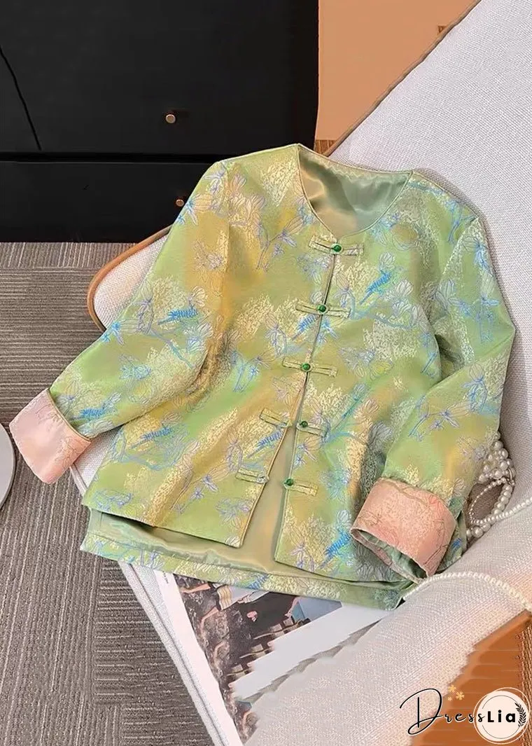 New Green Print Print Side Open Silk Coats Fall