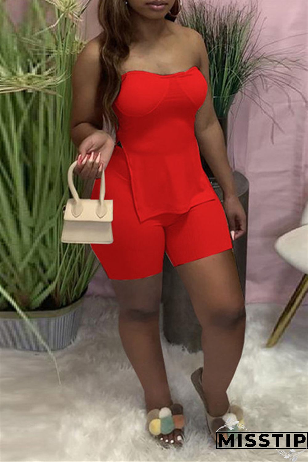 Coral Powder Sexy Casual Solid Backless Slit Strapless Sleeveless Two Pieces