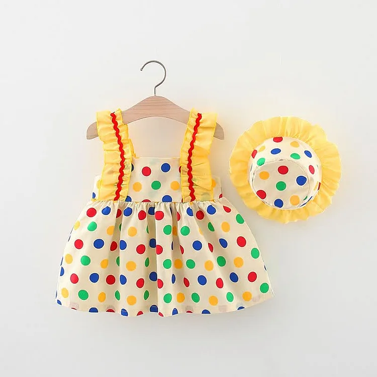 Baby Polka Dot Strap Dress with Straw Hat