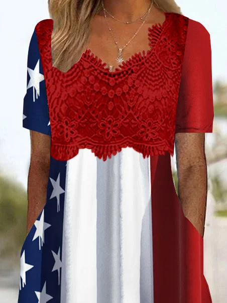 Women's Short Sleeve V-neck Independence Day Graphic Printed Lace Stitching Midi Dress