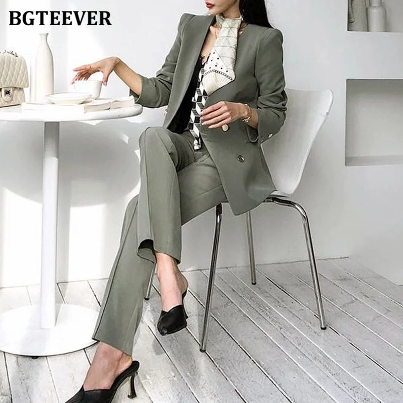 BGTEEVER Elegant Women Blazer Suit Autumn Office Ladies Pant Suits V-neck Belted Blazer & Suit Pants 2020 Work Wear Female Sets