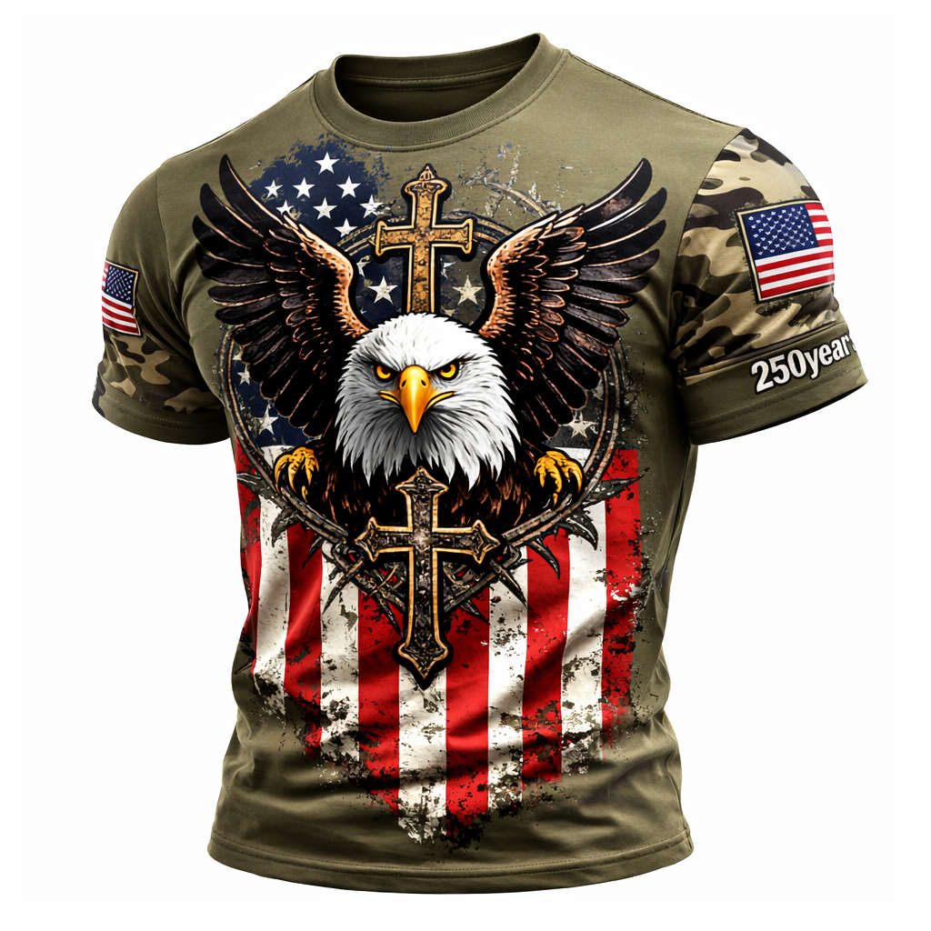 250th Olive Drab USA Eagle Flag Print T-Shirt For Men Patriotic American Design With Bold Graphic And Comfort Fit - Helixace