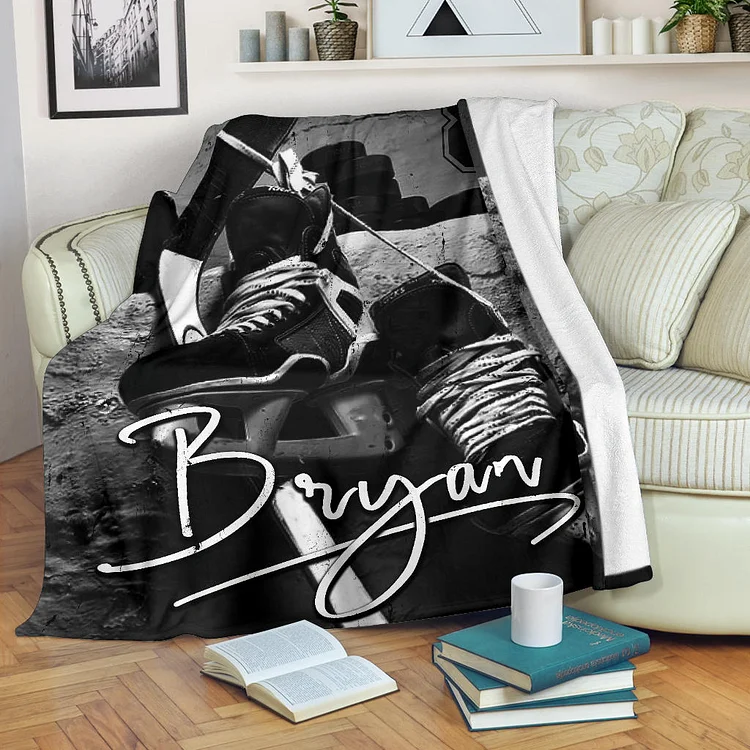 Personalized Hockey Blanket, Ice Hockey Shoes Sherpa Fleece Blanket | BKKid551