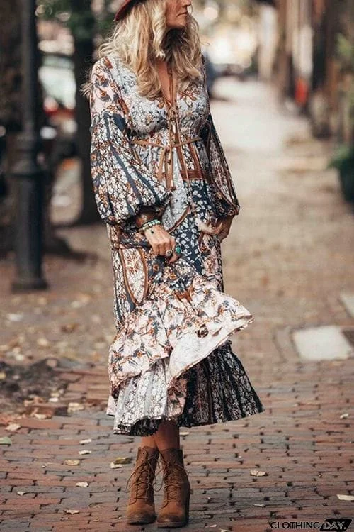 Bohemia Print Long Sleeve Maxi Dress