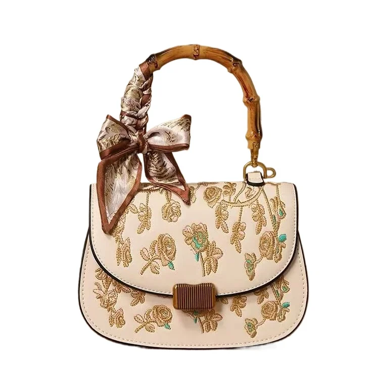 Bamboo Handle Women Handbag Textured 