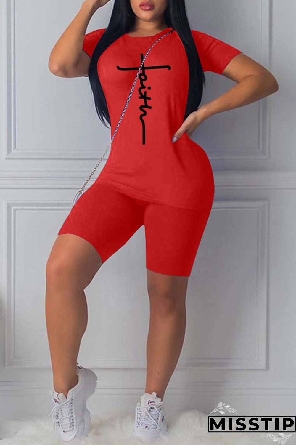 Black Casual Print Basic V Neck Short Sleeve Two Pieces