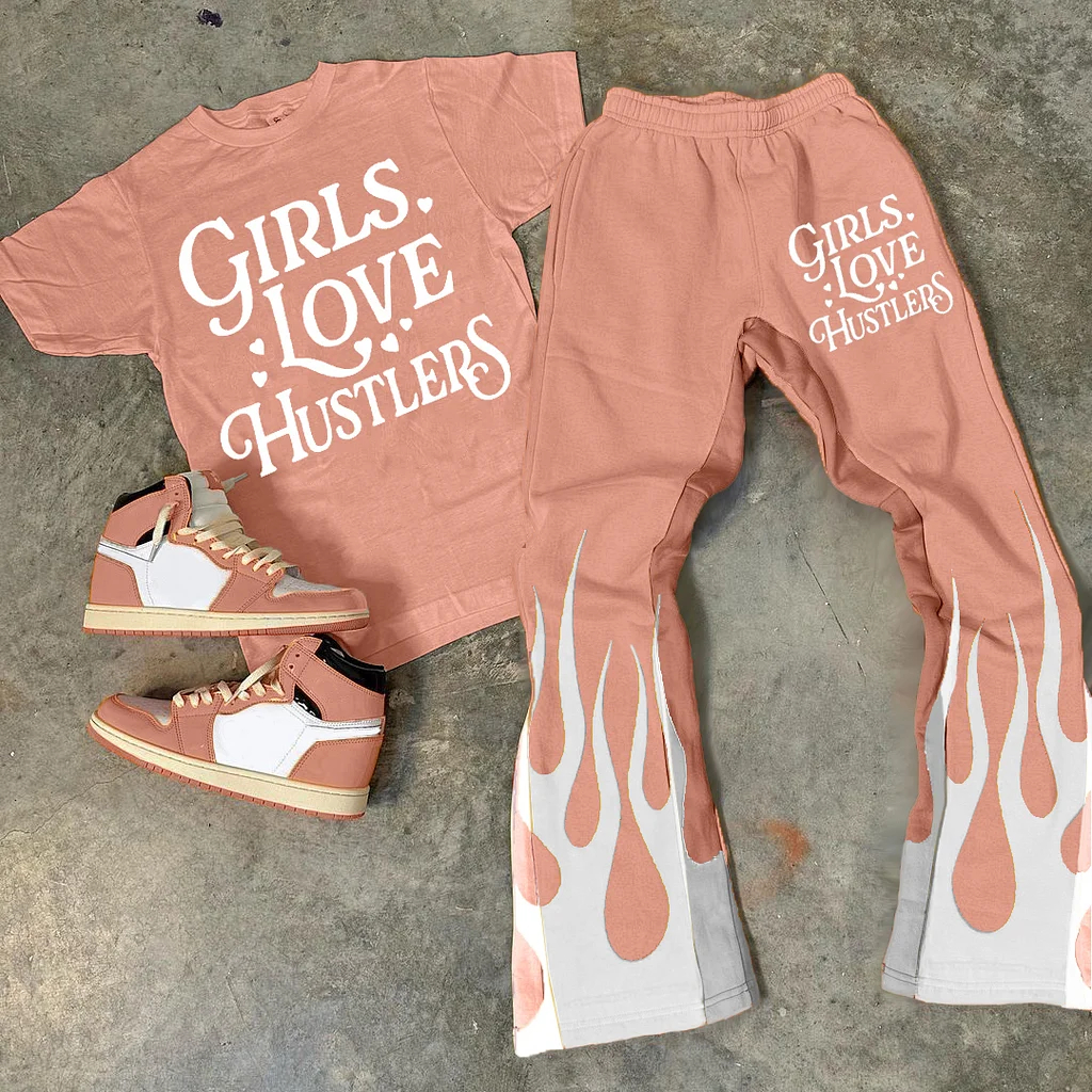 Personalized Girl Loves Hustlers Print Graphic Short Sleeve Tee & Flared Trousers Two Piece Set