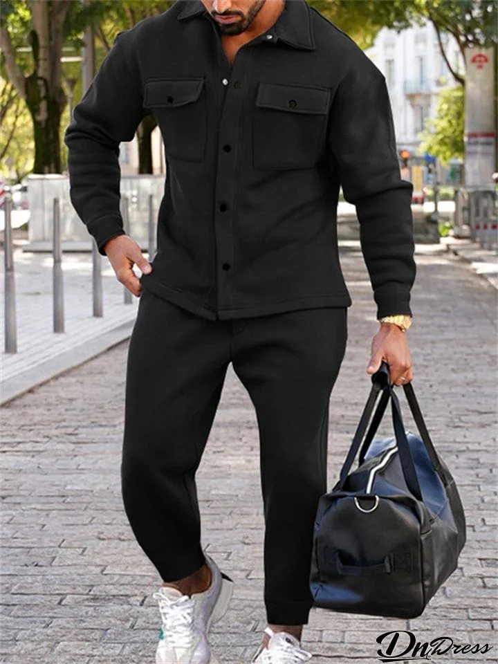 Men's Autumn 2-Pieces Lapel Button Long Sleeve Jacket + Sport Pants
