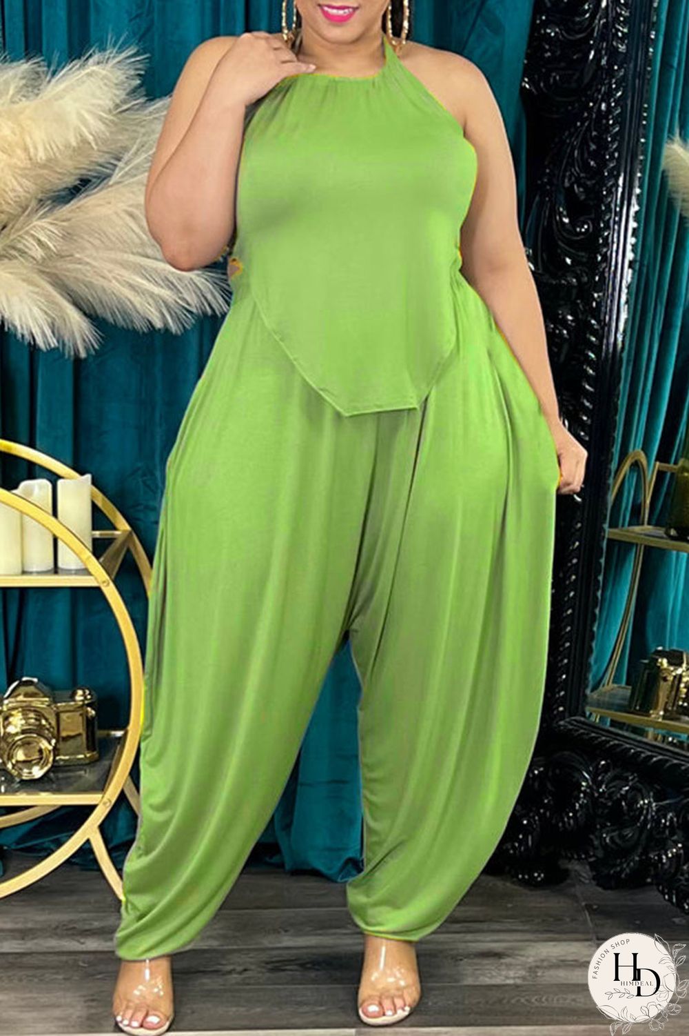 Rose Red Sexy Solid Bandage Patchwork Backless Asymmetrical Halter Plus Size Two Pieces