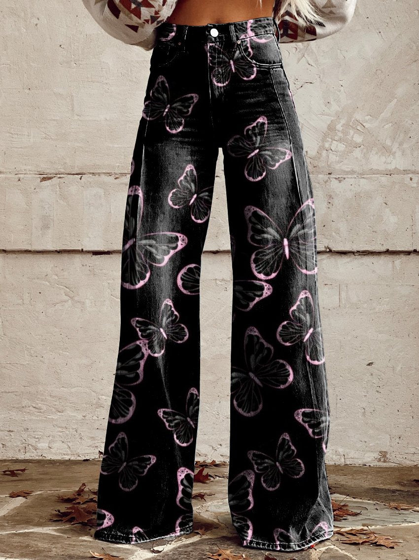 Pink Black Butterfly Cowboy Women's Print Casual Wide Leg Pants