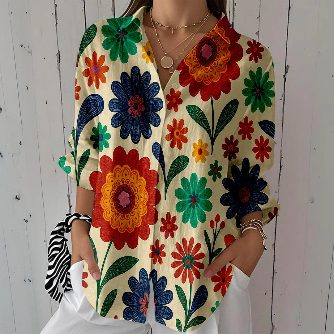 Style & Comfort for Mature Women Women Colorful, Floral DZCL0075 3/4 Sleeve Shirt Collar Printed Button Tops