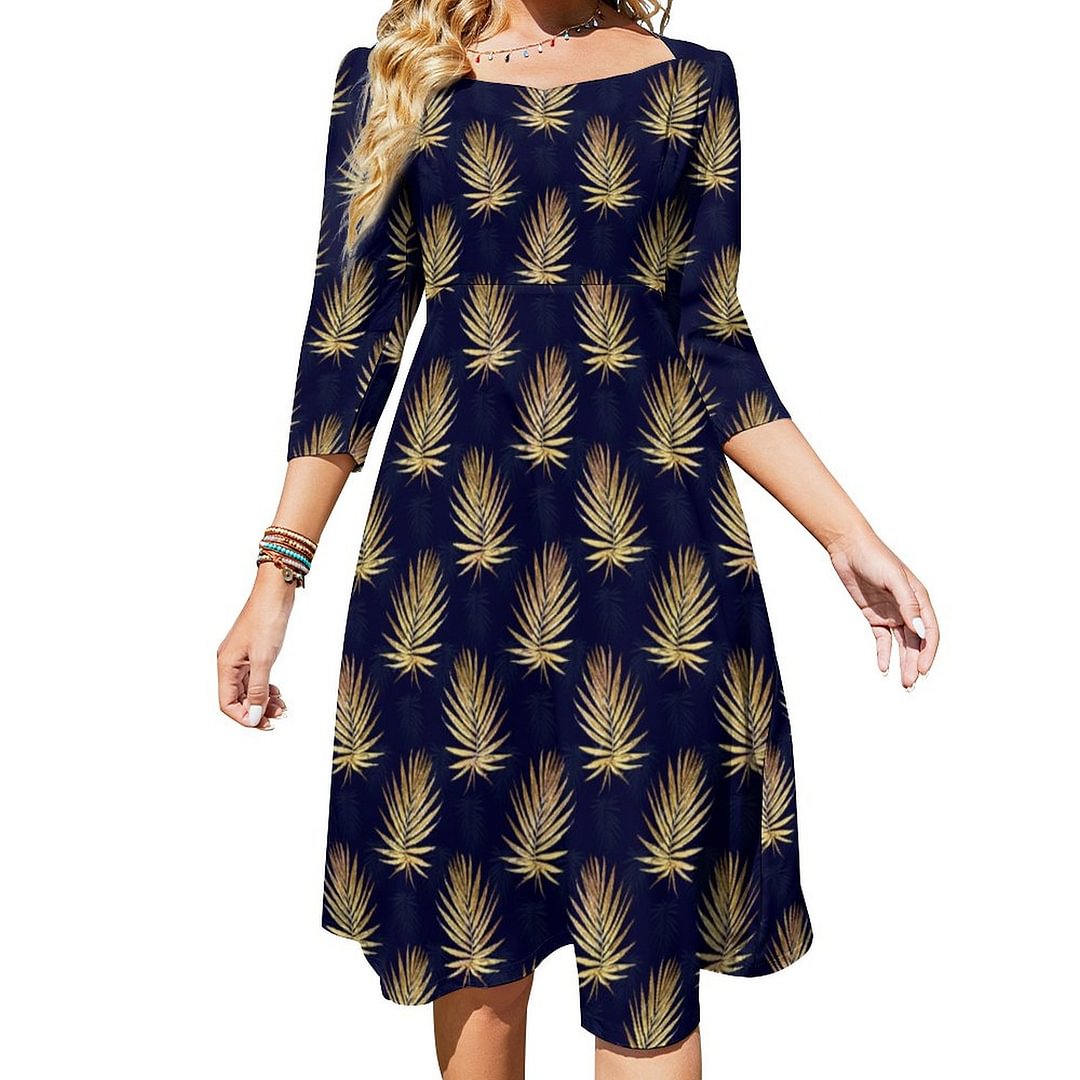 Gold Palm Leaves Navy Blue Artwork Case Mate Iphon Dress Sweetheart Tie Back Flared 3/4 Sleeve Midi Dresses