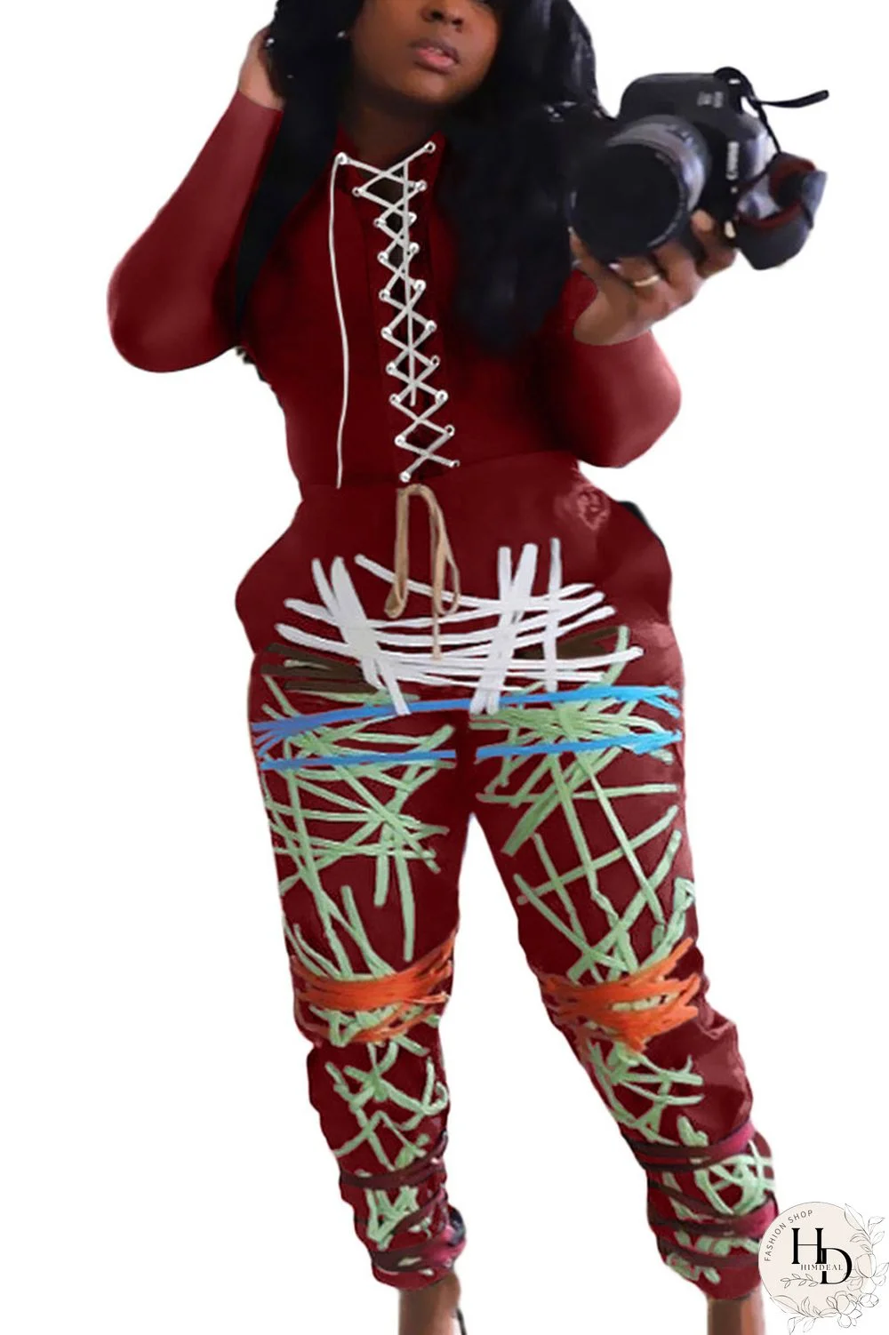 Wine Red Sexy Print Bandage O Neck Long Sleeve Regular Sleeve Regular Two Pieces