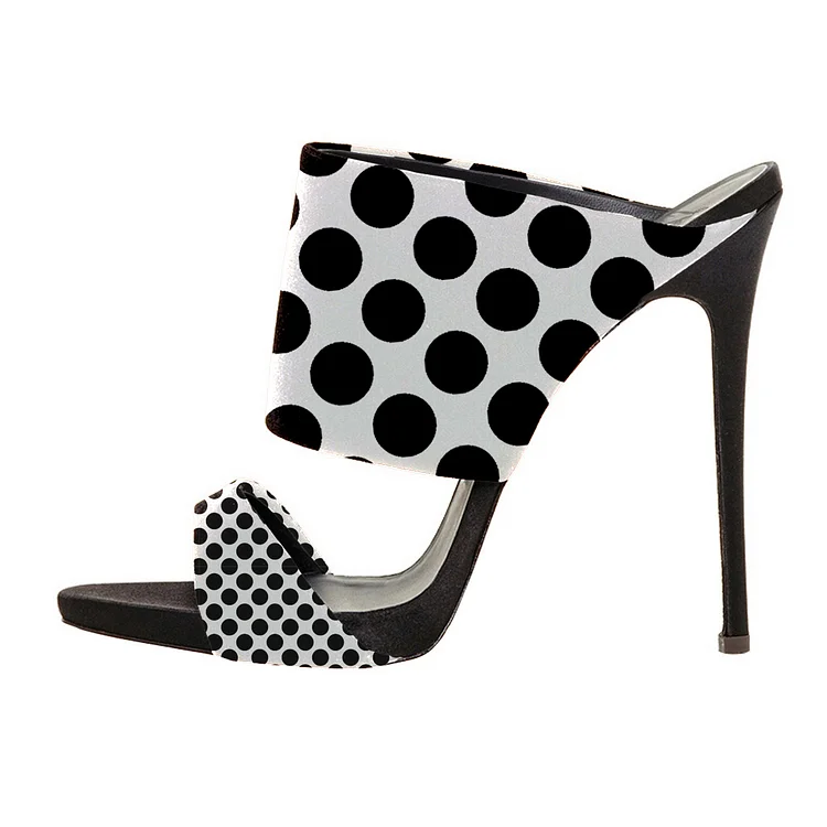 Black and White Polka Dot Stiletto Heel Mule Slippers Vdcoo