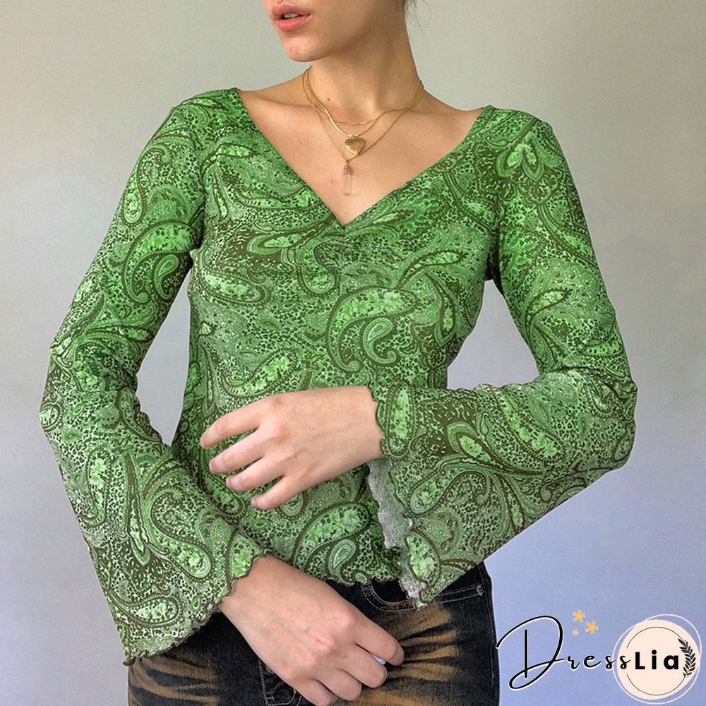 Print Top Retro Y2k Grunge Fairycore Neck Shirt Flared Long Sleeve Pullovers Women Autumn