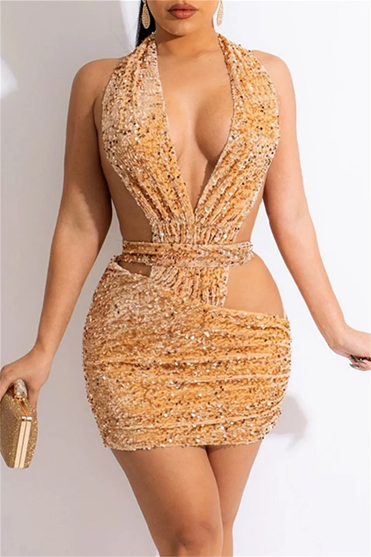 Yellow Fashion Sexy Patchwork Hollowed Out Sequins Backless Halter Sleeveless Dress