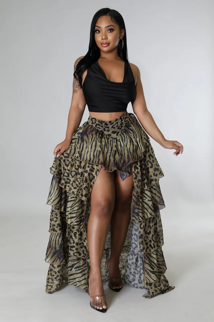Animal Print Multi Layered Tulle Slit Skirt