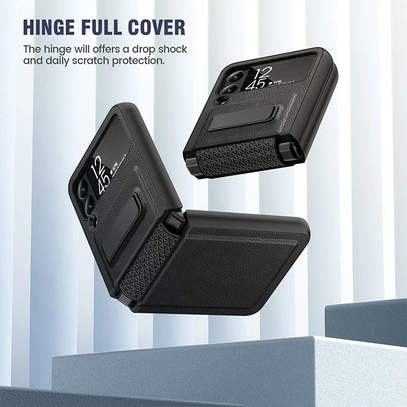 For Samsung Z Flip 3/4 Lychee Pattern Hinge Invisible Kickstand Phone Case