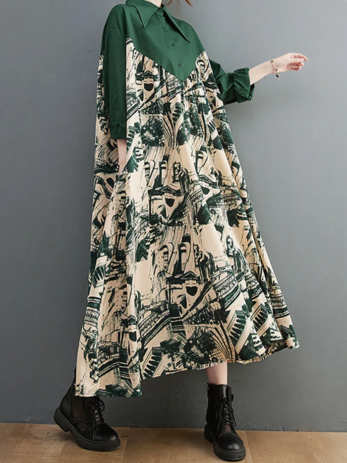 Fashion Cotton Linen Shirt Patchwork Print Dress