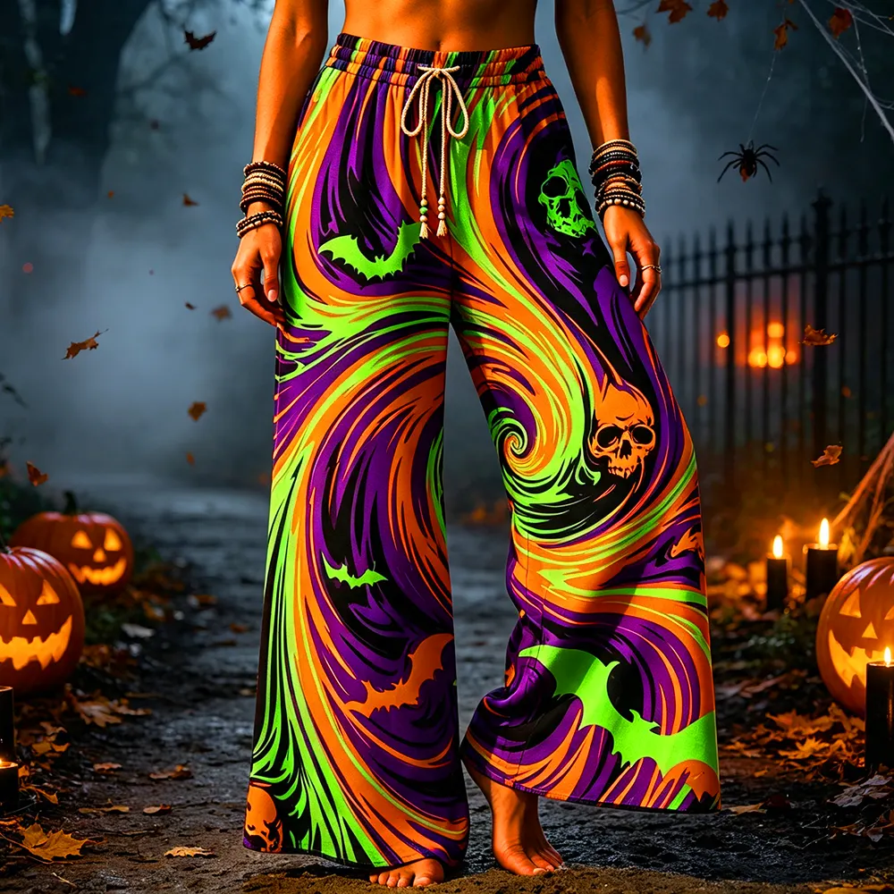 Comstylish Women's Halloween Drawstring Wide-leg Pants With Swirls, Skulls, And Bats Print