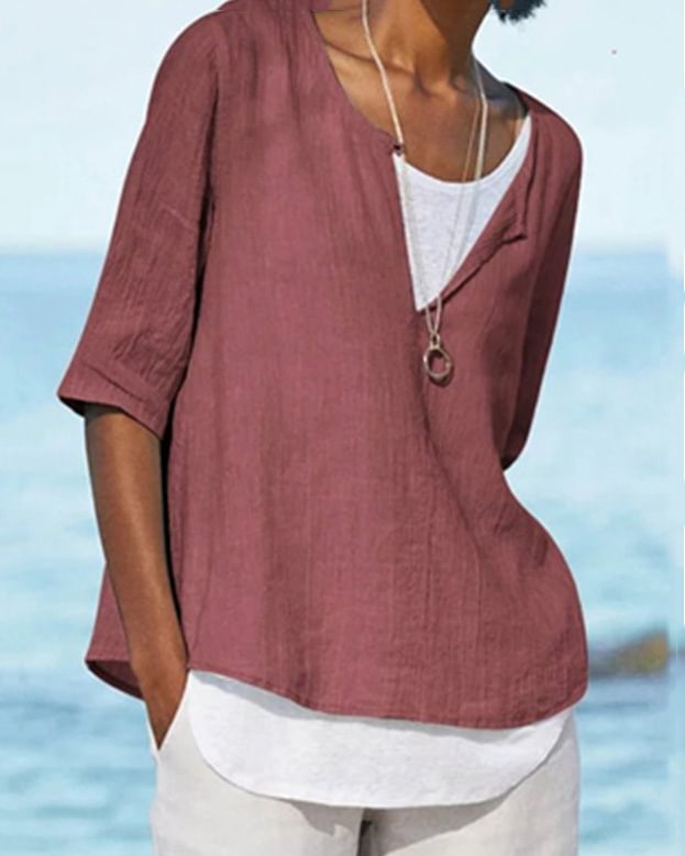 V-neck Solid Color Cotton And Linen Plus Size Women's Shirt