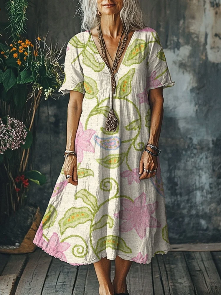 Women's Vintage  Art Print Pocket Cotton Dress