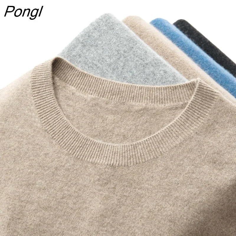 Pongl First-line of clothing Men's Cashmere Sweater Autumn O-Neck Pullovers Merino 100% Wool Sweater Long Sleeve Soft Knit Tops