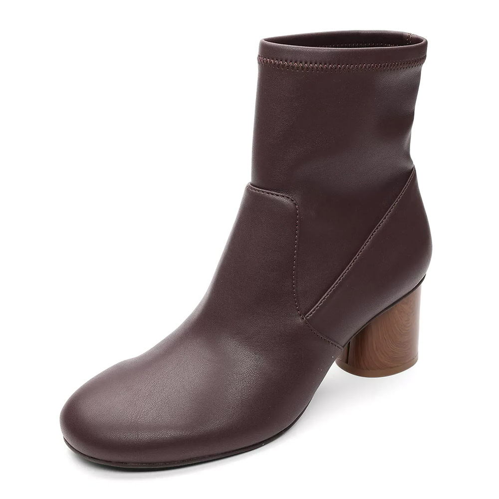 Brown Vegan Leather Round Toe Cylinder Heel Stretch Boots Nicepairs