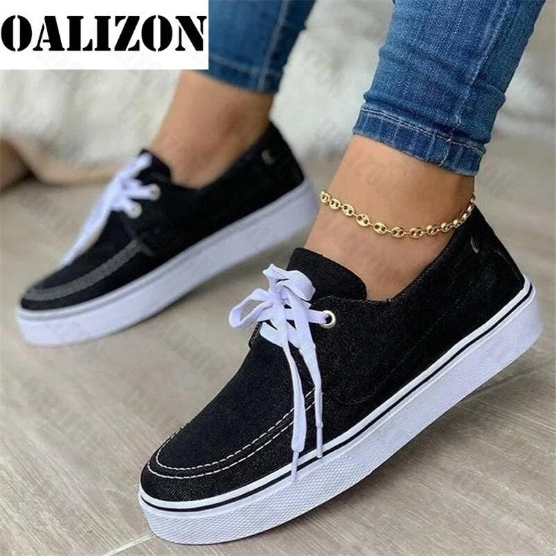 Women Fashion Washed Denim Canvas Shoes Breathable Sneakers Lady Lace Up Casual Sports Plimsoll Flats Sneakers Girls Shoes Femme