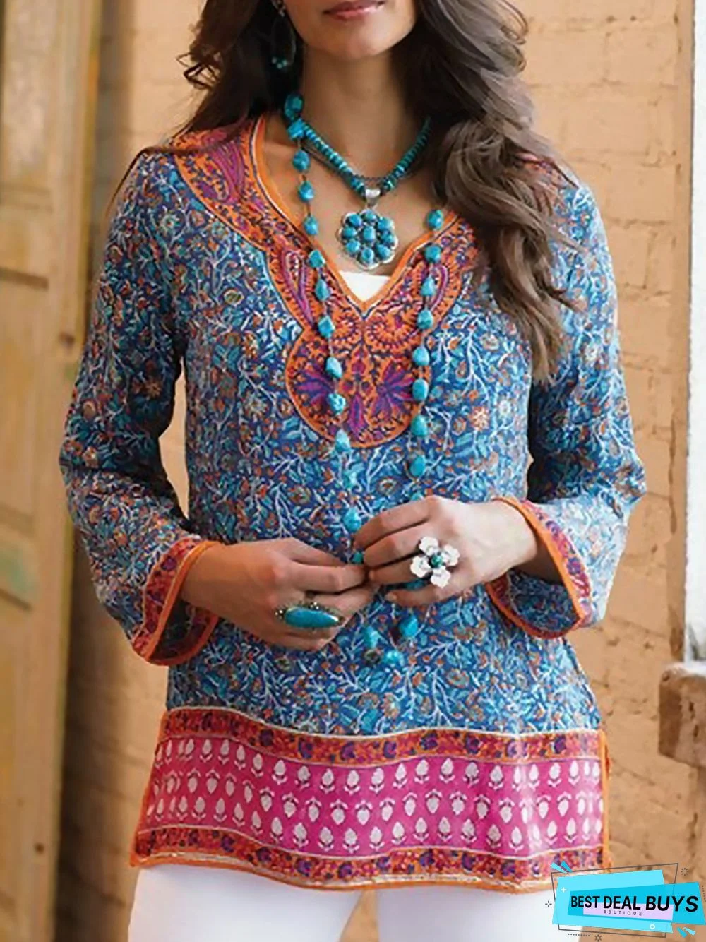 Ethnic V Neck Casual Tunic Top