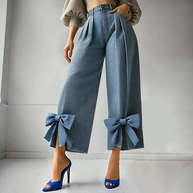 Casual Denim High Rise Pleated Bow Slit Wide Leg Jeans