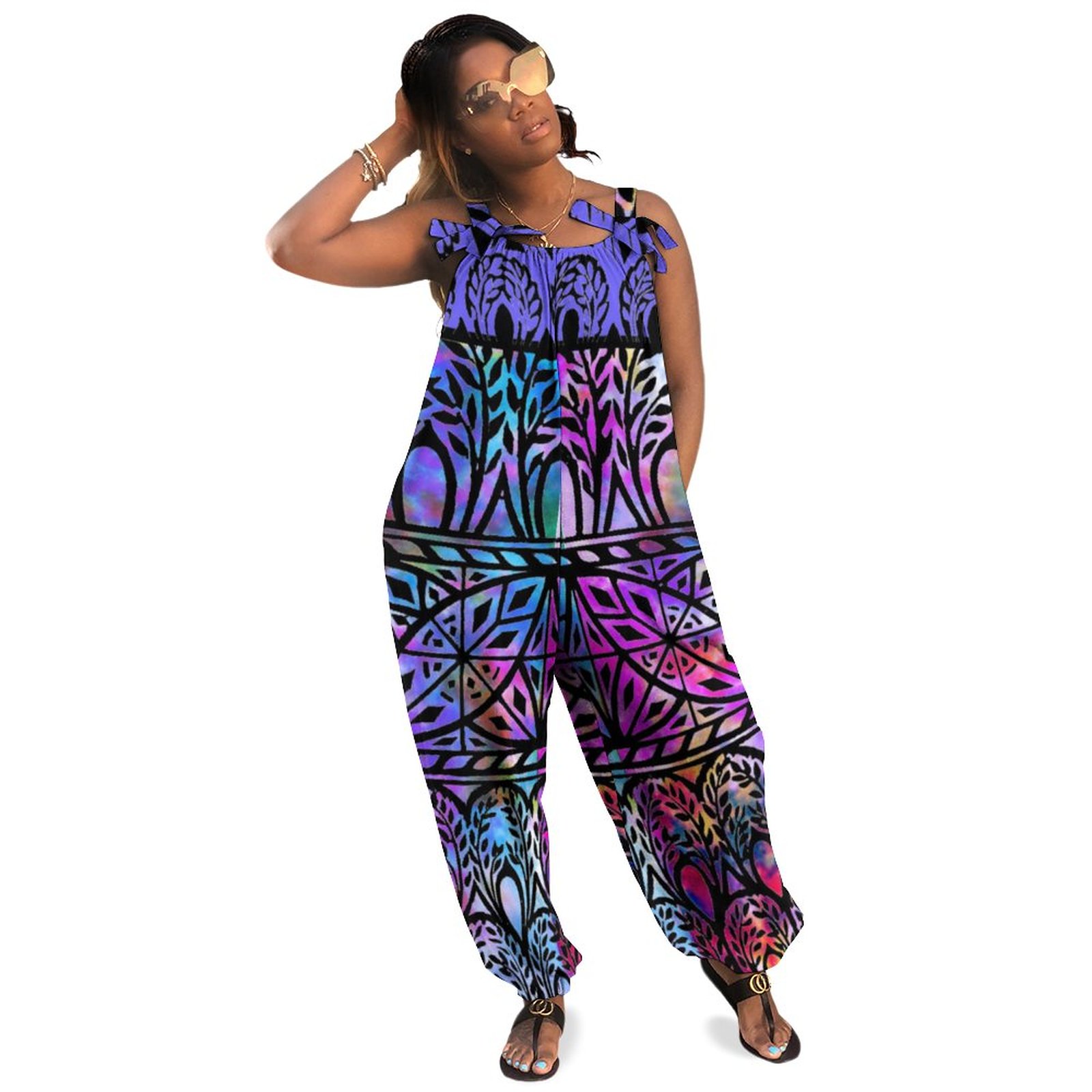 Vintage Boho Blues Stained Glass Pattern Plus Size Women Rompers Summer Casual Loose Harem Jumpsuit Boho Style Long Length Polyester Spandex Graduation Jumpsuit