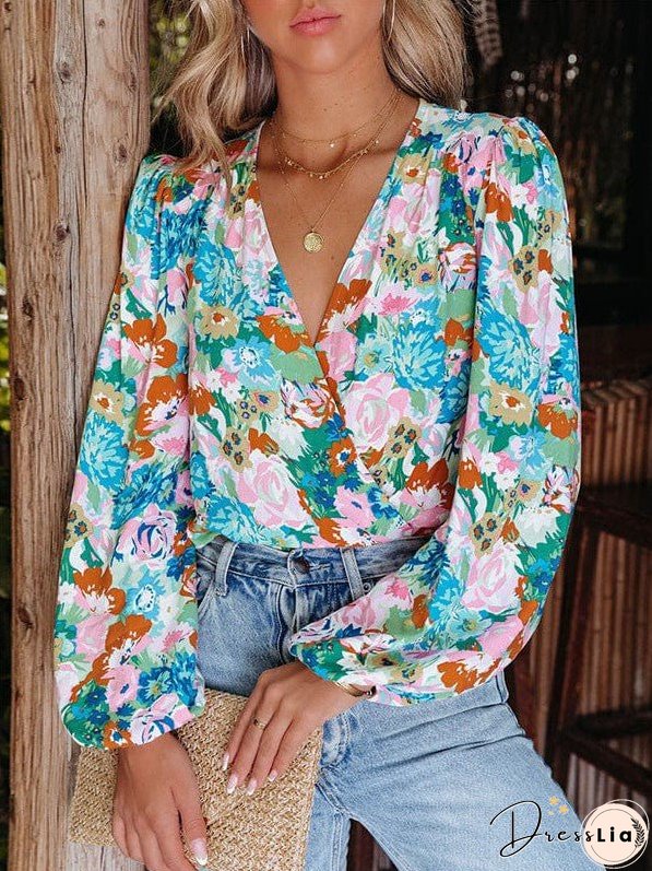 Elegant Floral Print Deep V-Neck Jumpsuit With Long Sleeves And Plant Flower Print