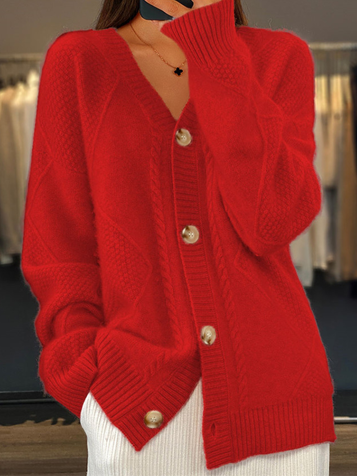 Women's Solid Color V-neck Knitted Cardigan Jacquard Sweater Jacket
