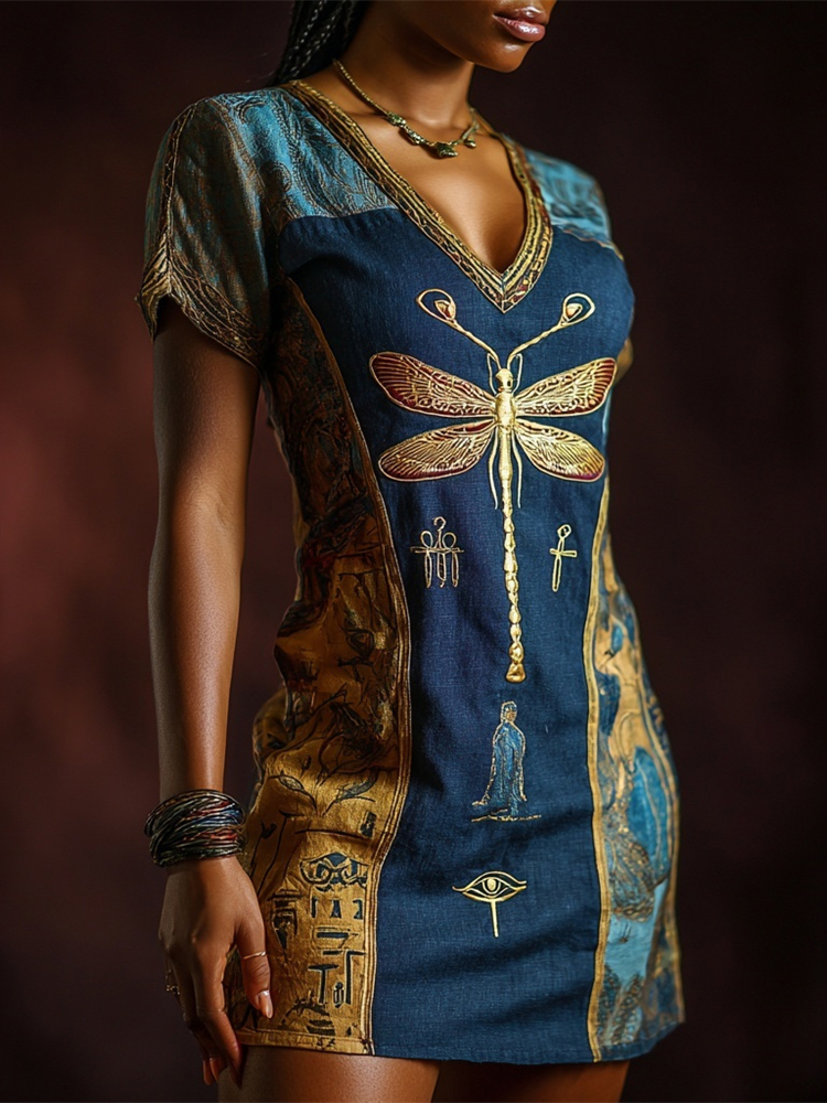 Comstylish Vintage Egyptian Dragonfly Tribal Element Women's V-neck Mini Dress