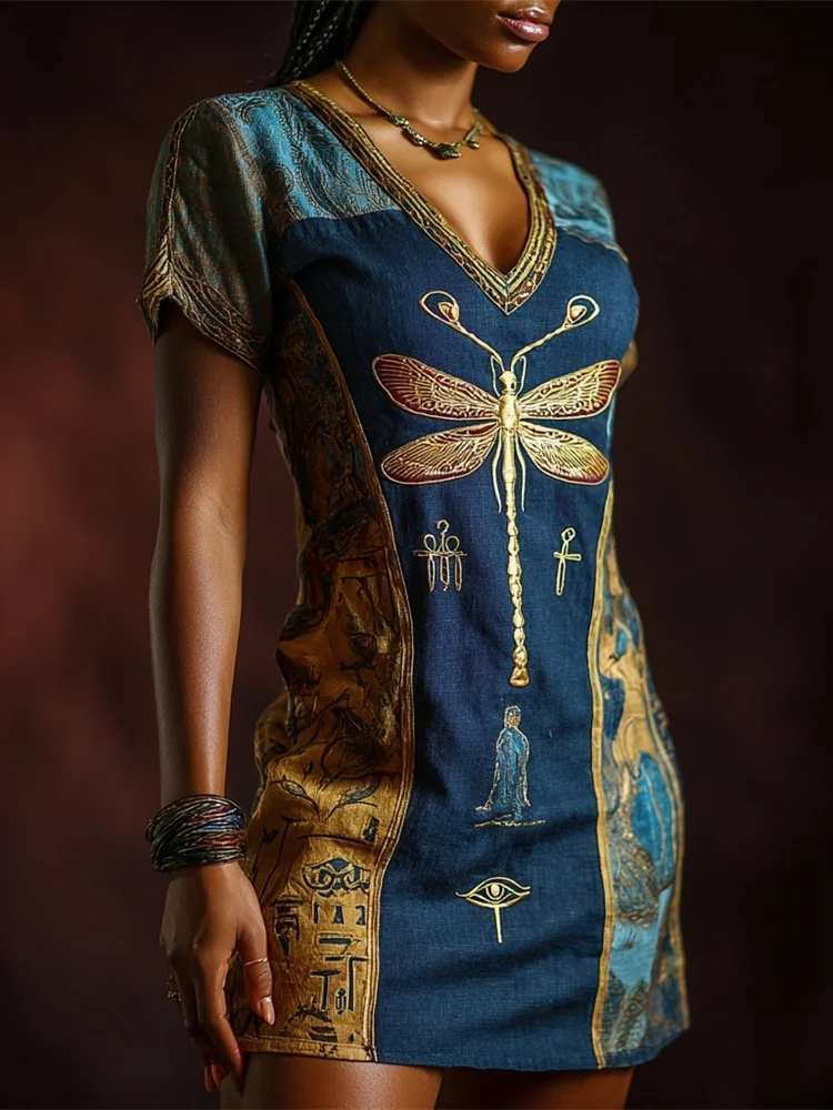 Vintage Egyptian Dragonfly Tribal Element Women's V-neck Mini Dress