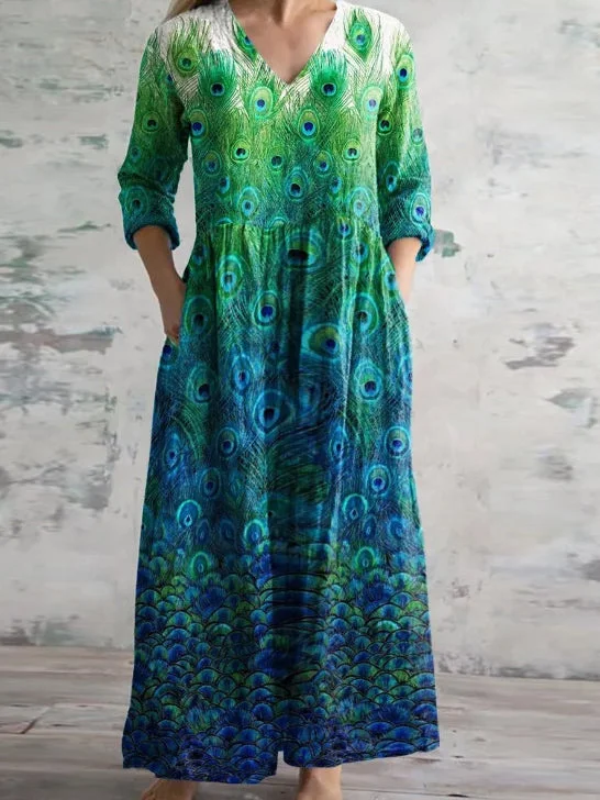 Women's 3/4 Sleeve V-neck Graphic Printed Midi Dress