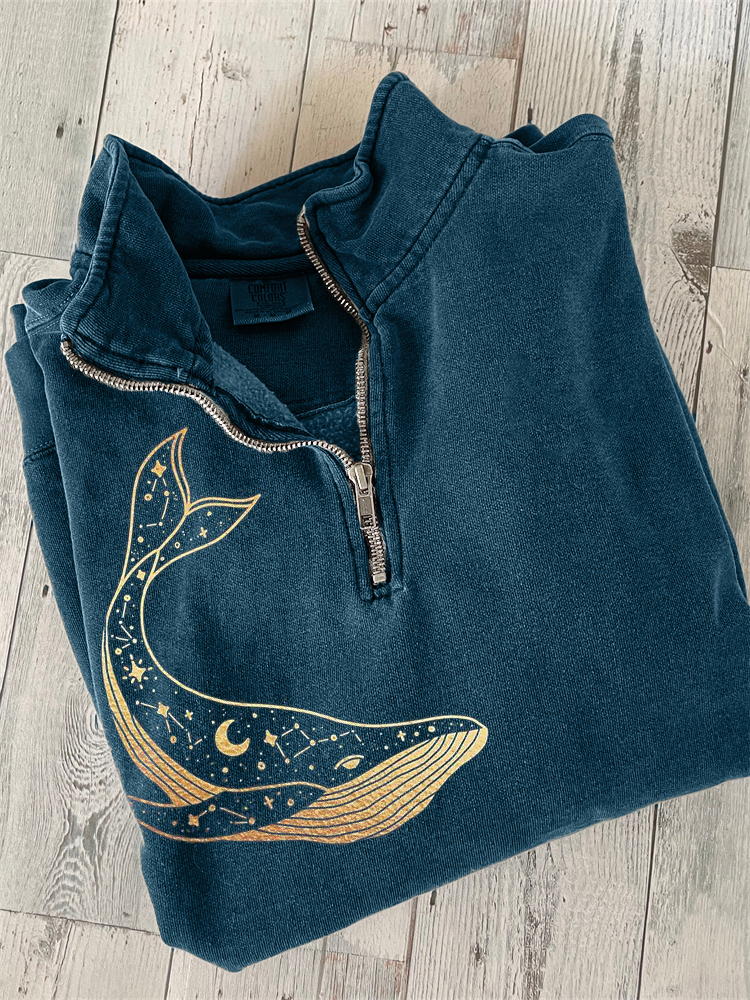 Celestial Whale Gold Art Zip Up Sweatshirt  artssus