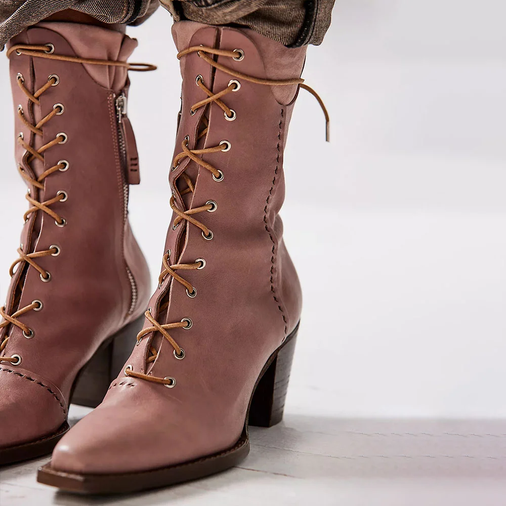 Pink Vegan Leather Chunky Heel Lace-Up Ankle Boots with Zipper