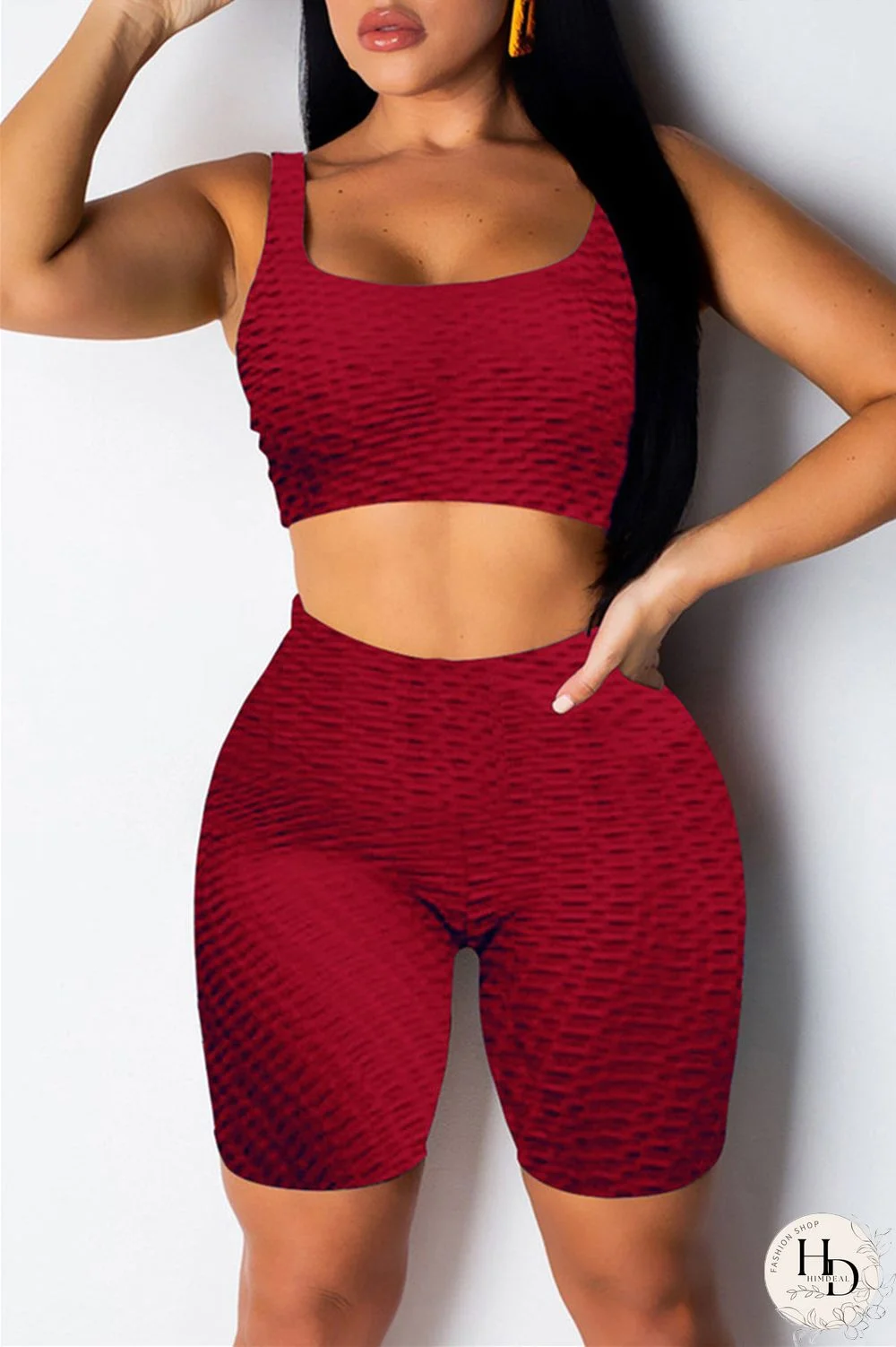 Burgundy Casual Sportswear Solid Vests U Neck Sleeveless Two Pieces