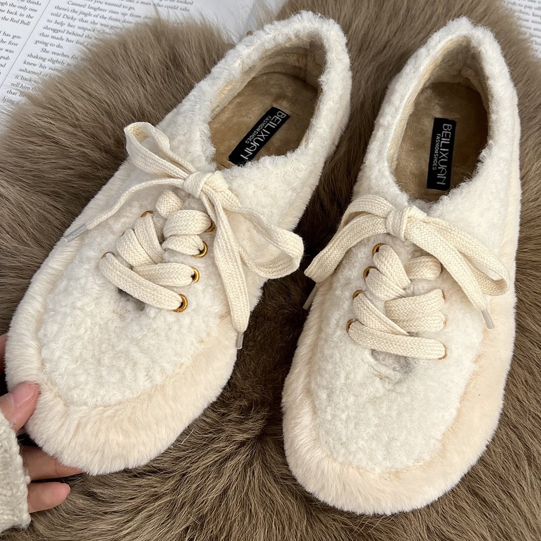 Women's Casual Solid Color Shoelace Round Toe Mid Heels Plush Shoes