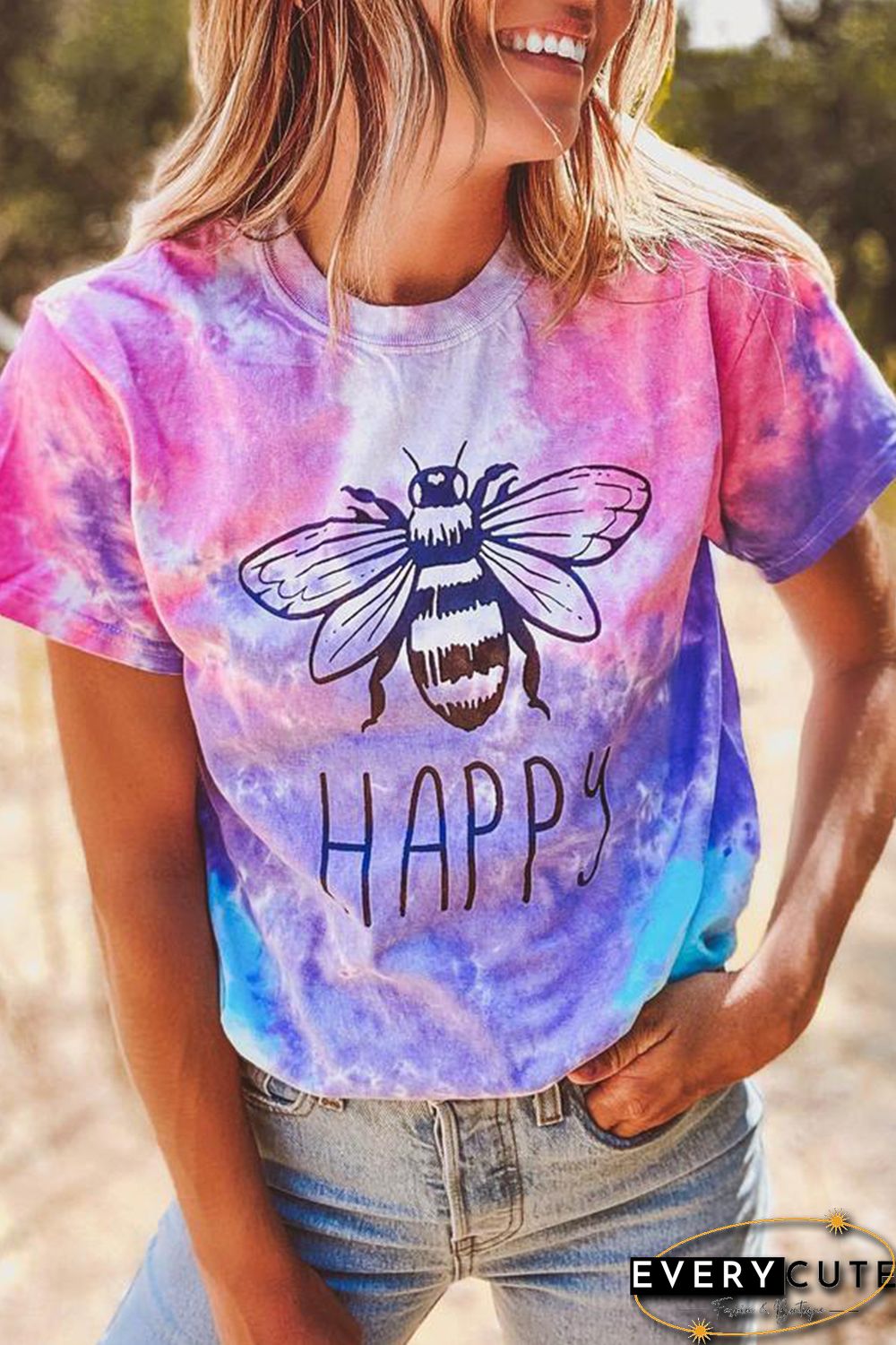 Pink Bee Happy Graphic Tie-dye Cotton Blend Tee