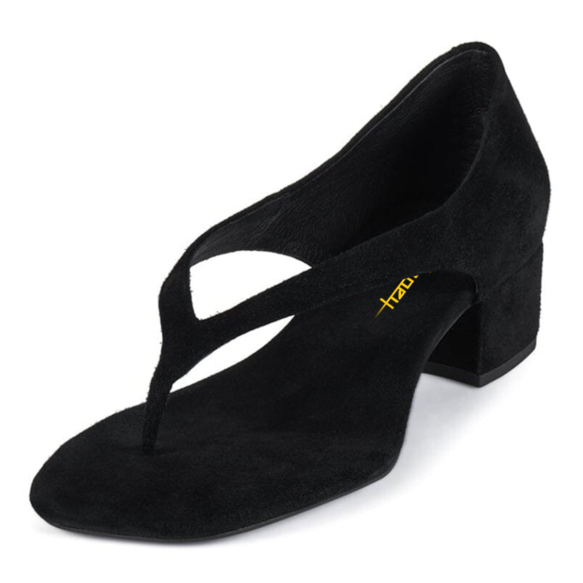 Black Faux Suede Square Toe Flip Flop Low Heel Sandals for Women Nicepairs