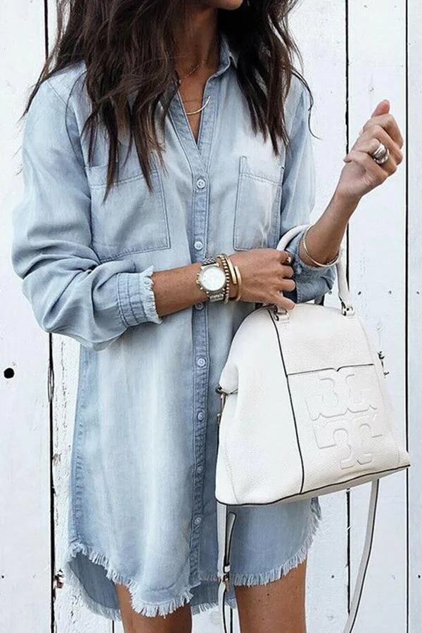 Womens Long Sleeve Tassel Shirt Collar Denim Dress-Allyzone-Allyzone
