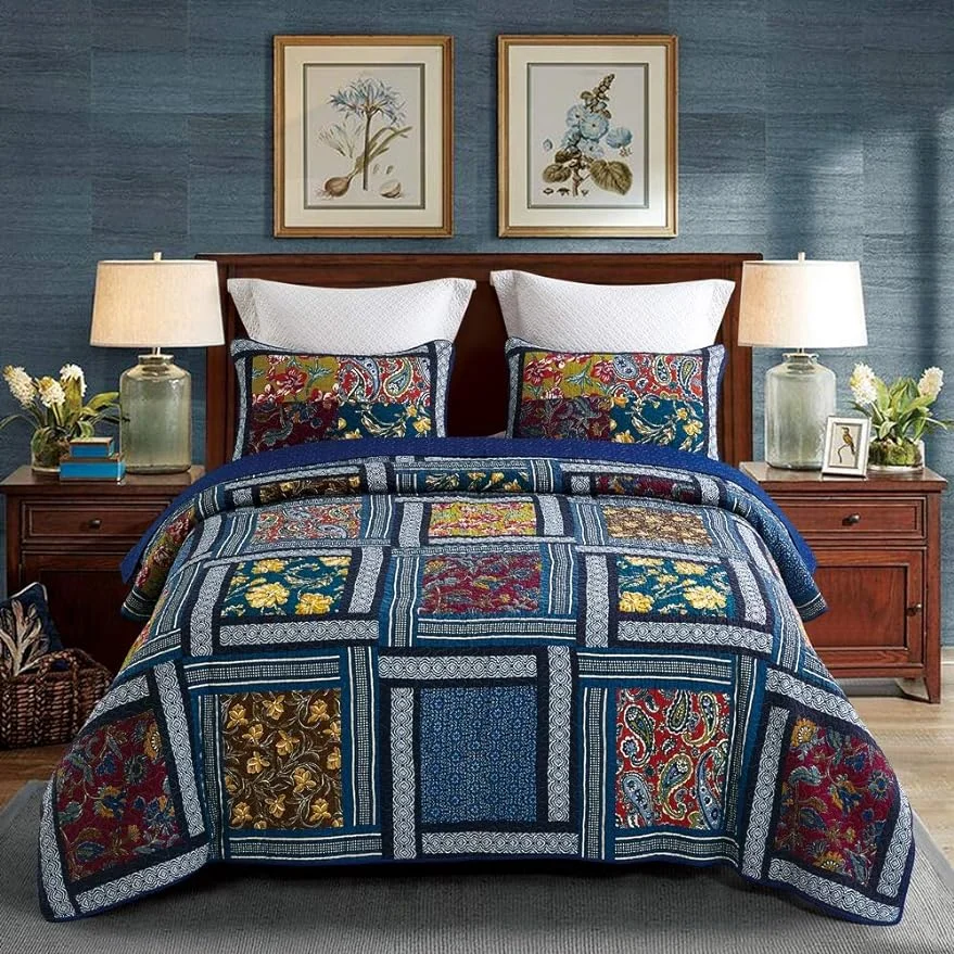 2 Piece Boho Real Patchwork 100% Cotton Bedspread Twin Deep Blue Vintage Plaid Floral Daybed Bedding Light Weight Reversible Quilt Luxury Matelasse Bed Coverlet Set with 1 Pillow Sham