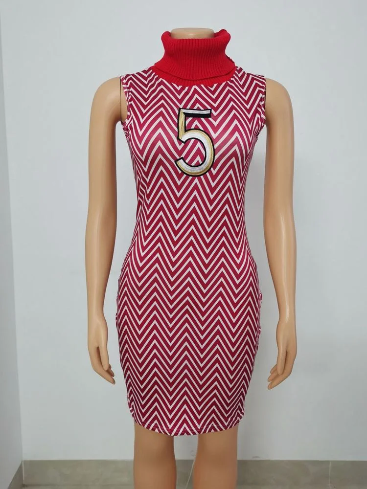 HAOYUAN Sexy Turtleneck Sleeveless Bodycon DressesFor Women Fashion Clothes Embroidery Birthday Club Outfits Night Party Dress
